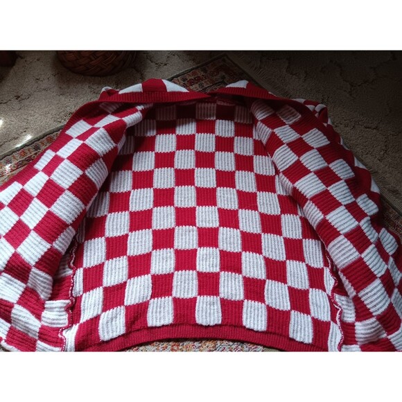 1980s Style Red White Checkered Open Front Cardigan Size L Soft Thick Fabric - Picture 3 of 4